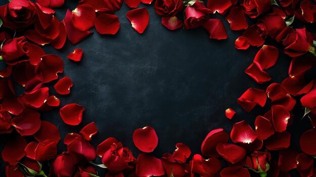 Red rose petals frame dark background photo