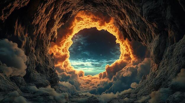 Cave opening to a sky filled with clouds photo