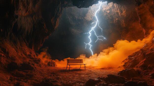 Cave interior with a bench and lightning photo