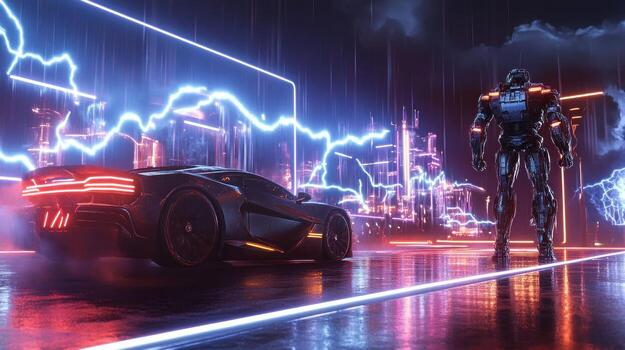 Futuristic cityscape with a robot and a car photo