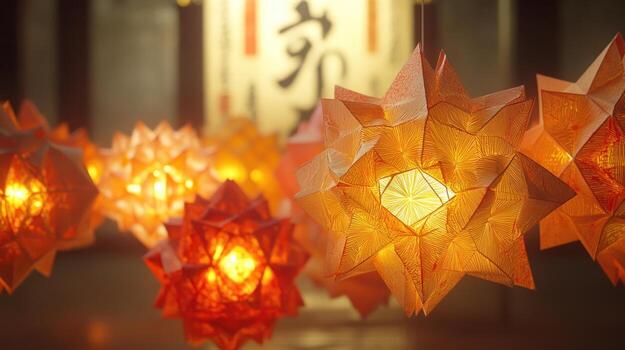 Ornate paper lanterns in warm light photo