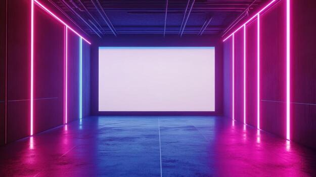Neon-lit, empty hall with blank screen photo