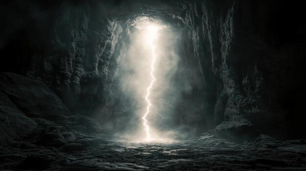 Dark cave with bright lightning photo