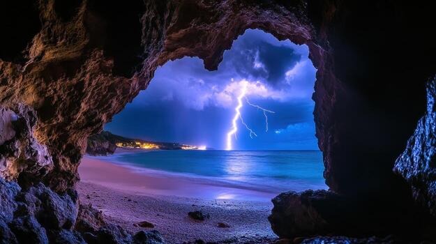 Cave opening to beach at night with lightning photo