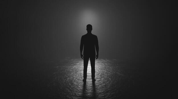 A solitary figure in a dimly lit space photo