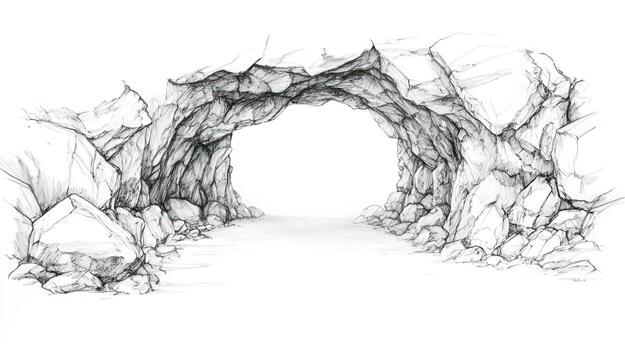 Pen and ink sketch of a rocky cave archway photo