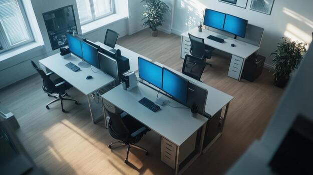 Modern open plan office interior. Sunlight streams into a bright workspace photo