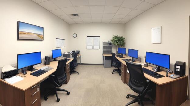 Office workspace with multiple computer stations photo