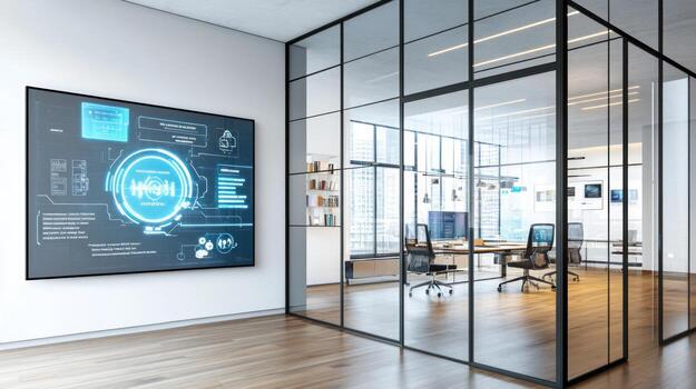 Modern office interior with interactive display photo