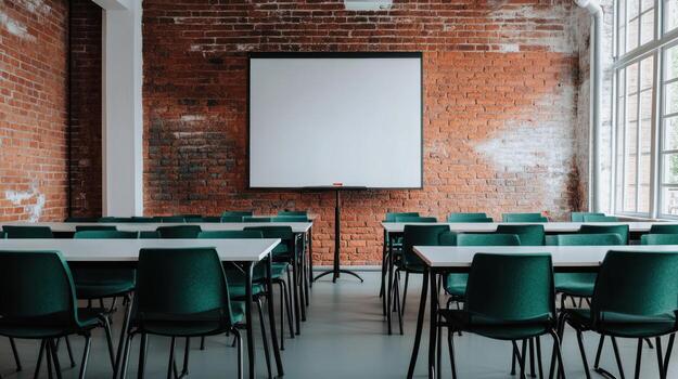 Empty classroom with a blank projector screen photo