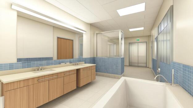 Interior view of a modern restroom with light beige walls and light blue patterned tile photo