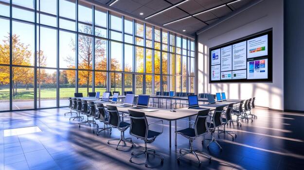 Modern conference room with large windows overlooking autumnal park photo