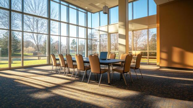 Sunlit conference room with park view photo