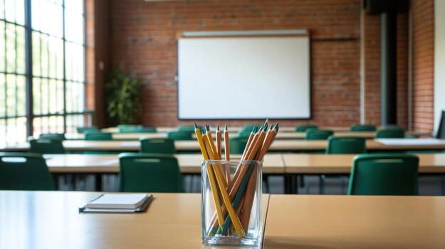 Classroom interior with blank projector screen photo