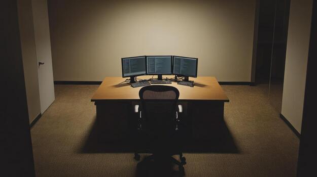 Empty office room at night with computer monitors photo