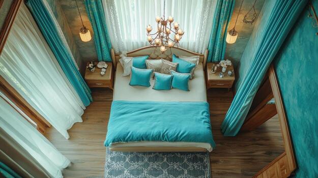 High-angle view of a teal and cream bedroom photo