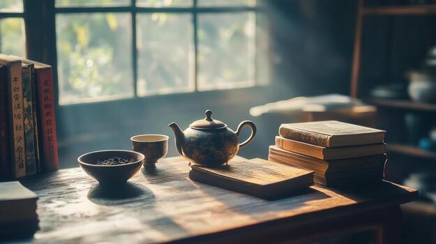 Rustic tea setting by window photo