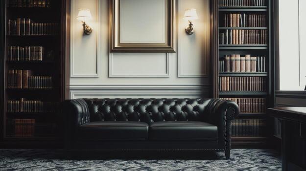 Luxurious library interior with tufted sofa photo