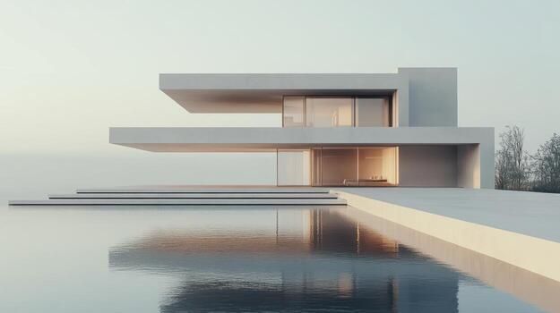 Modern minimalist house overlooking a pool photo