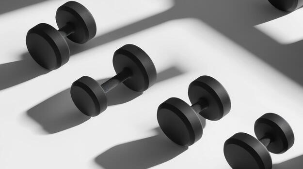 Black dumbbells arranged on a white surface, casting shadows photo