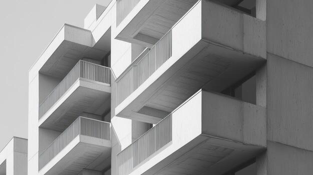 Modern apartment building facade in grayscale photo