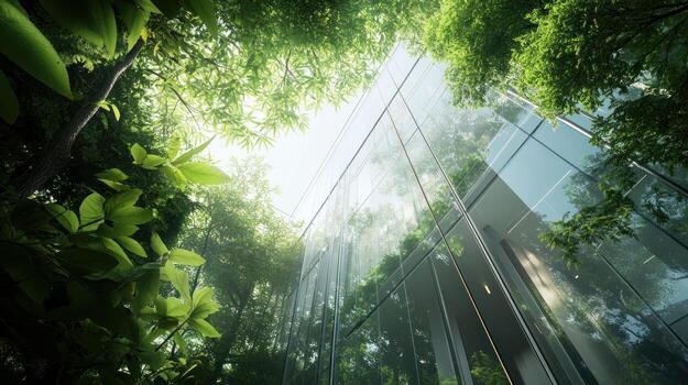 Lush greenery surrounding a modern glass building photo