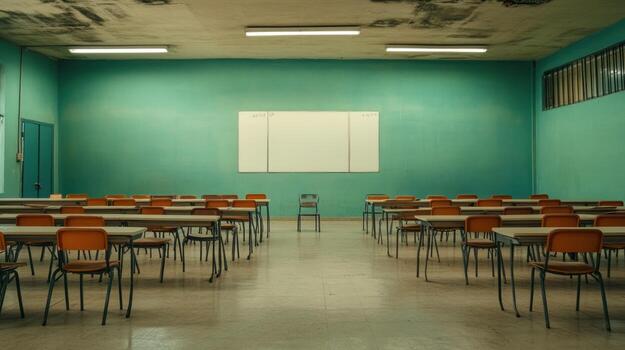 Empty classroom, teal walls, and white board photo