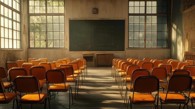 Empty classroom, sunlight streams through large windows photo