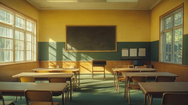 Empty classroom bathed in golden sunlight photo