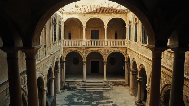 Ancient Courtyard with Arched Architecture photo