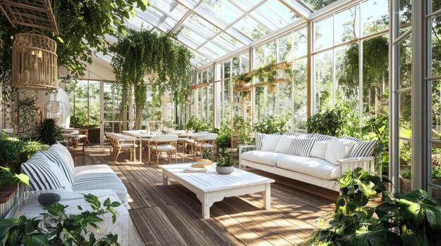 Sun-drenched conservatory filled with lush greenery photo