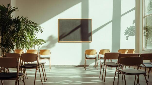 Sunlit meeting room with empty chairs photo