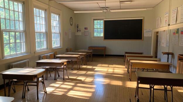 Sunlit classroom with rows of desks photo