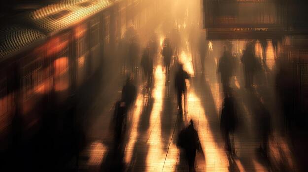 A hazy, sunlit street scene with blurred figures of pedestrians walking along a pathway, creating an impression of movement and anonymity. The buildings lining the street are indistinct and dark photo