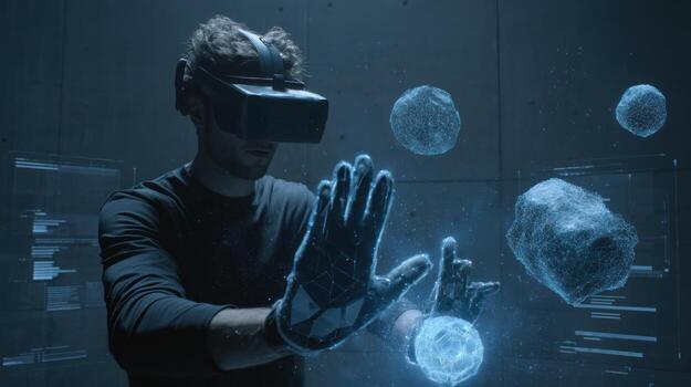 Man in VR headset and gloves interacts with holographic shapes in a futuristic, tech-filled environment photo