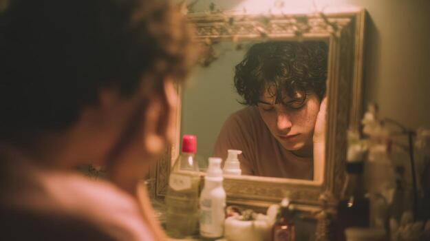 Pensive person reflected in ornate mirror in dimly lit, warm-toned room photo