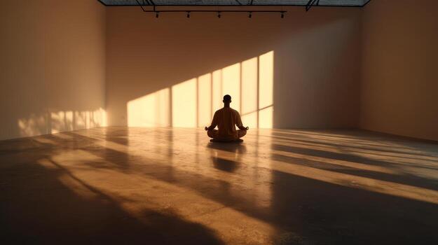 Silhouette of a person meditating in a bright, empty room, shadows cast by a window photo