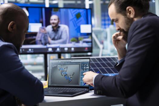Photovoltaics factory experts designing production lines for solar panel assembly facility in CAD program during videocall, using simulation software to optimize factory production layouts photo