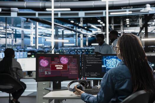 Server room employee sees error popup on screen while using artificial intelligence to perform computing tasks. Admin receives glitch warning message while using AI for machine learning workloads photo