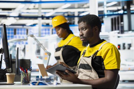 Solar panel facility technician designing CAD models and technical sketches for alternative energy systems on tablet. Man engineer ensures photovoltaics design for efficiency and innovation. photo