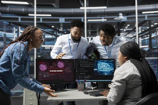 Data center cybersecurity division coworkers scared by security breach. Worried IT staff members in data center panicking, trying to protect servers from hacker attack stealing sensitive information photo