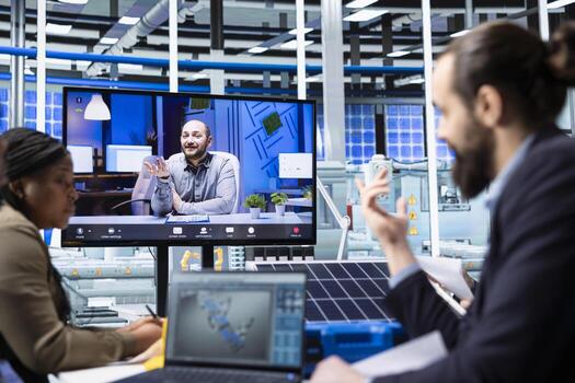 Factory experts design assembly facility production lines in CAD program in remote teleconference. Workers use simulation software to optimize factory production layouts in online videocall meeting photo