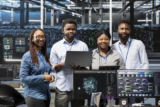Portrait of smiling data center specialists using machine learning algorithms to analyze large datasets. Happy server farm coworkers using artificial intelligence to recognize facility data patterns photo