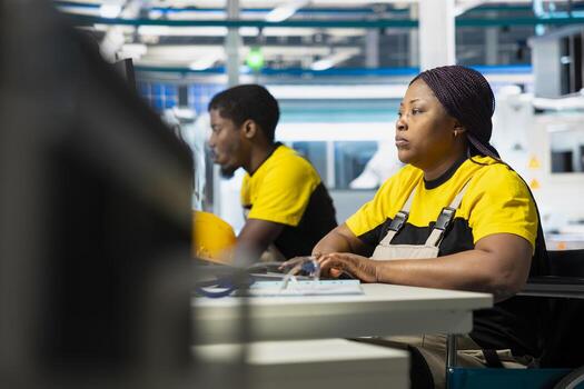 Solar power factory employee wheelchair user improving photovoltaic system on industrial software, working on computer setup for the manufacturing industry, alternative energy. photo