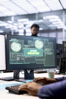 Close up of access granted notification on screen received by developer reconfiguring server hub, optimizing it. Data center IT expert using PC to successfully eliminate all errors photo