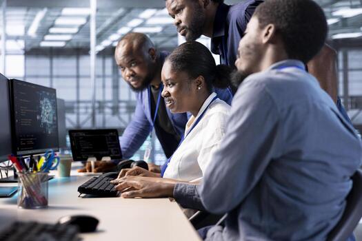 Developer works together with colleagues in server farm, using artificial intelligence tech for increased productivity. Teamworking data center employees collaborating to implement AI driven solutions photo