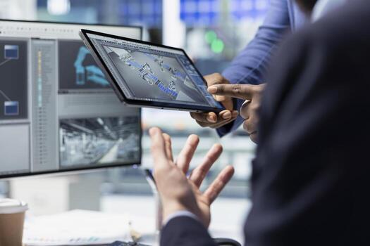 Engineering team reviewing insight for the production line in a solar factory, reinforcing the value of leadership and alternative energy efficiency in green technology settings. Solar tech. photo