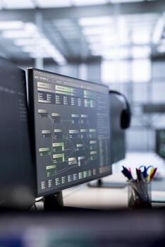 Close up of code running on computer screens on desk in server hub used for data processing requirements of artificial intelligence workloads and neural network machine learning tech photo