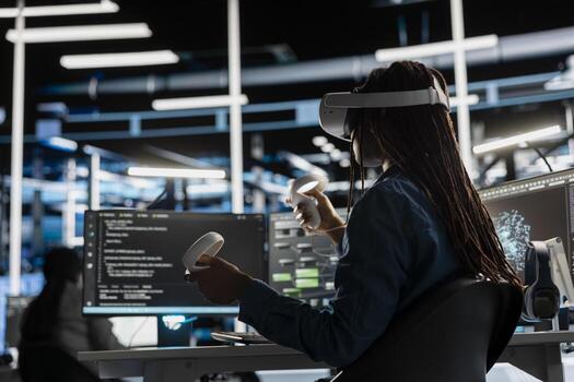 Data center technician using virtual reality technology to visualize artificial intelligence neural networks. Server room employee using VR headset equipment to oversee AI systems photo