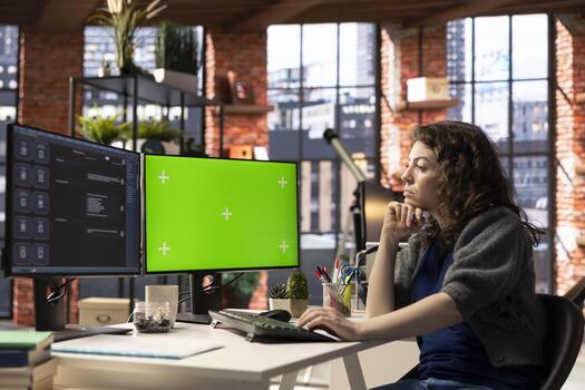 Woman typing prompts into an AI powered chat system next to copy space on pc, advanced virtual assistant showcases futuristic algorithms and smart solutions for productivity and connectivity. photo